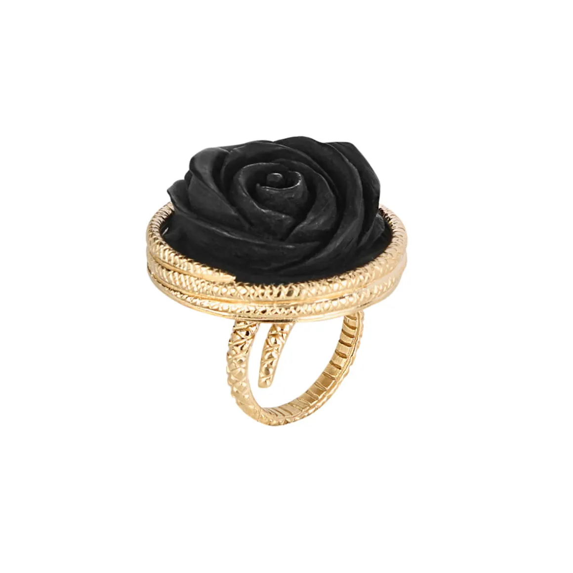 Duży pierścionek z rzeźbioną w drewnie różą z kolekcji Kembali