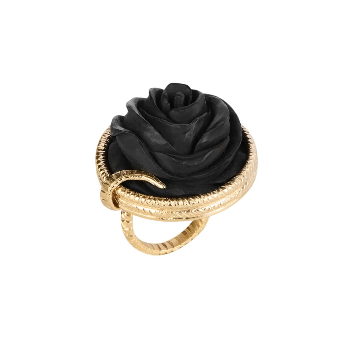 Duży pierścionek z rzeźbioną w drewnie różą z kolekcji Kembali