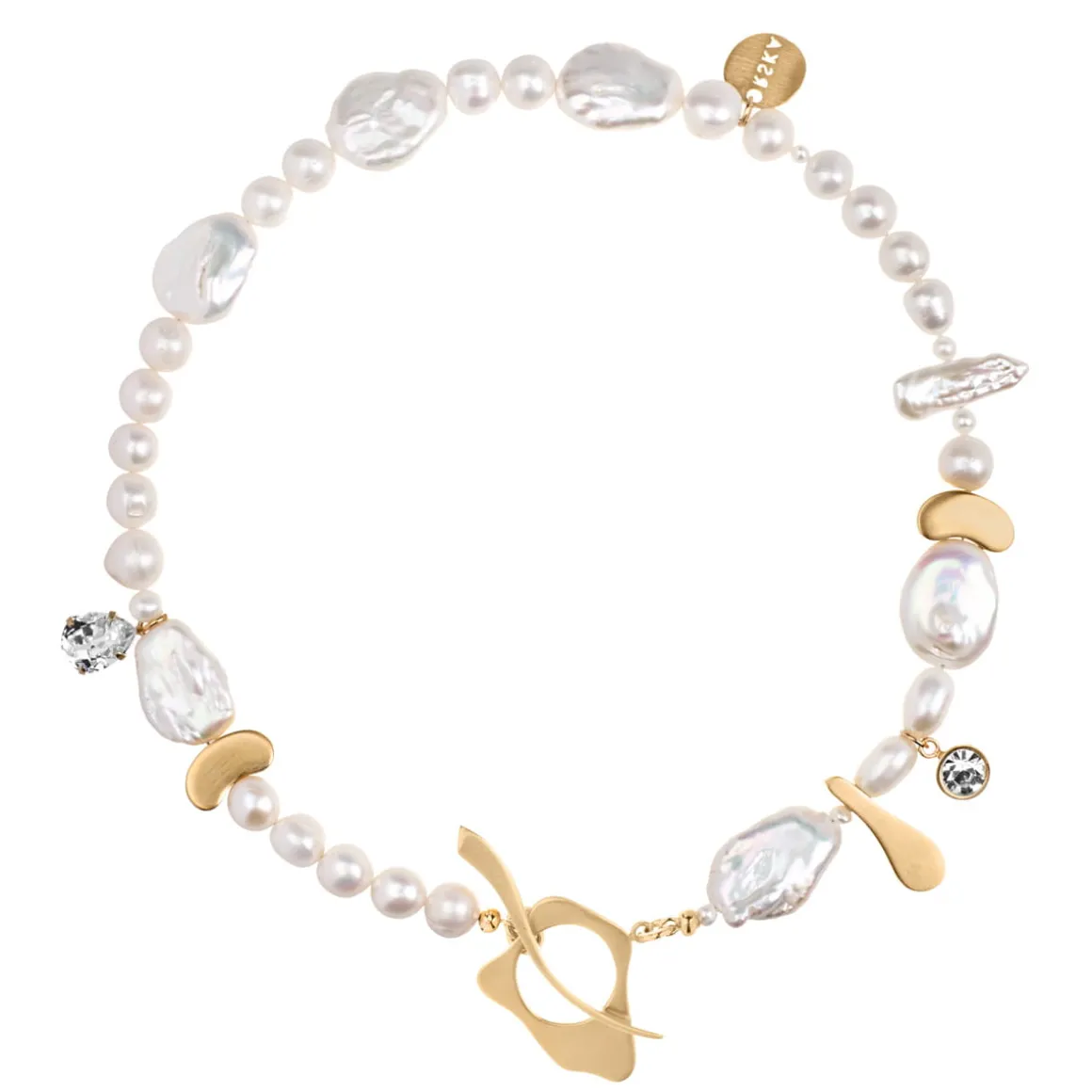 Krótki, złoty naszyjnik z nieregularnych pereł z kolekcji Parer