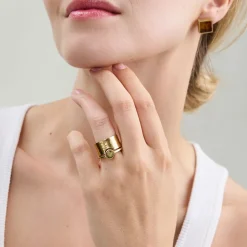 Podwójny, pozłacany pierścionek z bursztynem z kolekcji Baltica