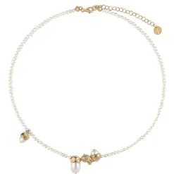 Pozłacany, krótki naszyjnik z pereł z zawieszkami w kształcie żołędzi