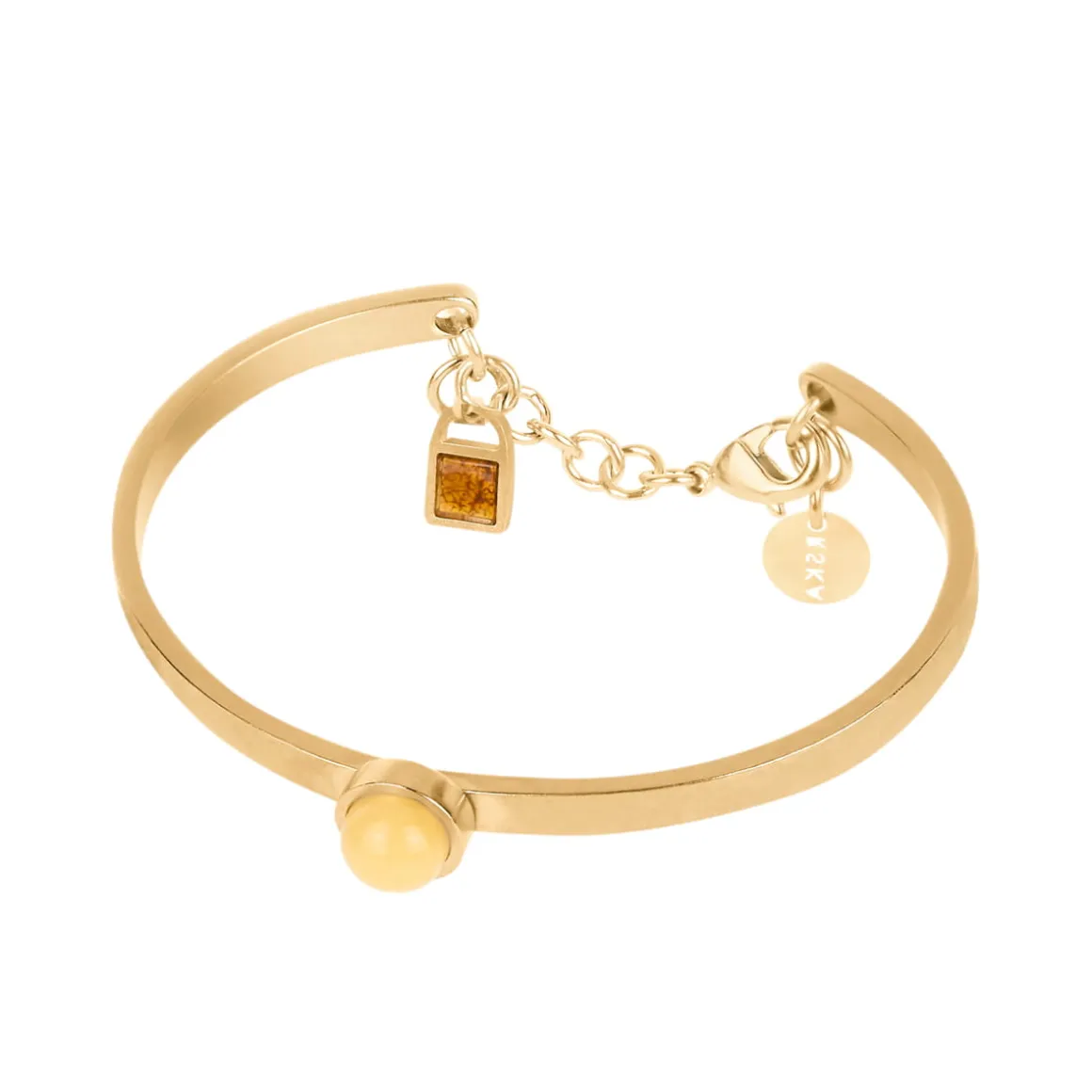 Sztywna, pozłacana bransoletka z dwoma bursztynami z kolekcji Baltica