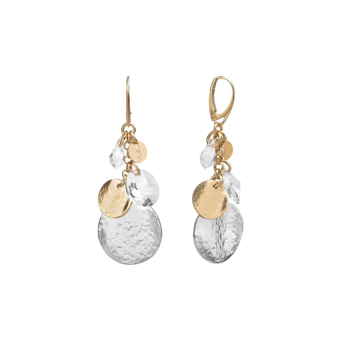 Wiszące, złoto-srebrne kolczyki z kryształami z kolekcji Rundo