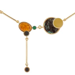 Złoty naszyjnik z bursztynem i kolorowymi kamieniami z kolekcji Baltica